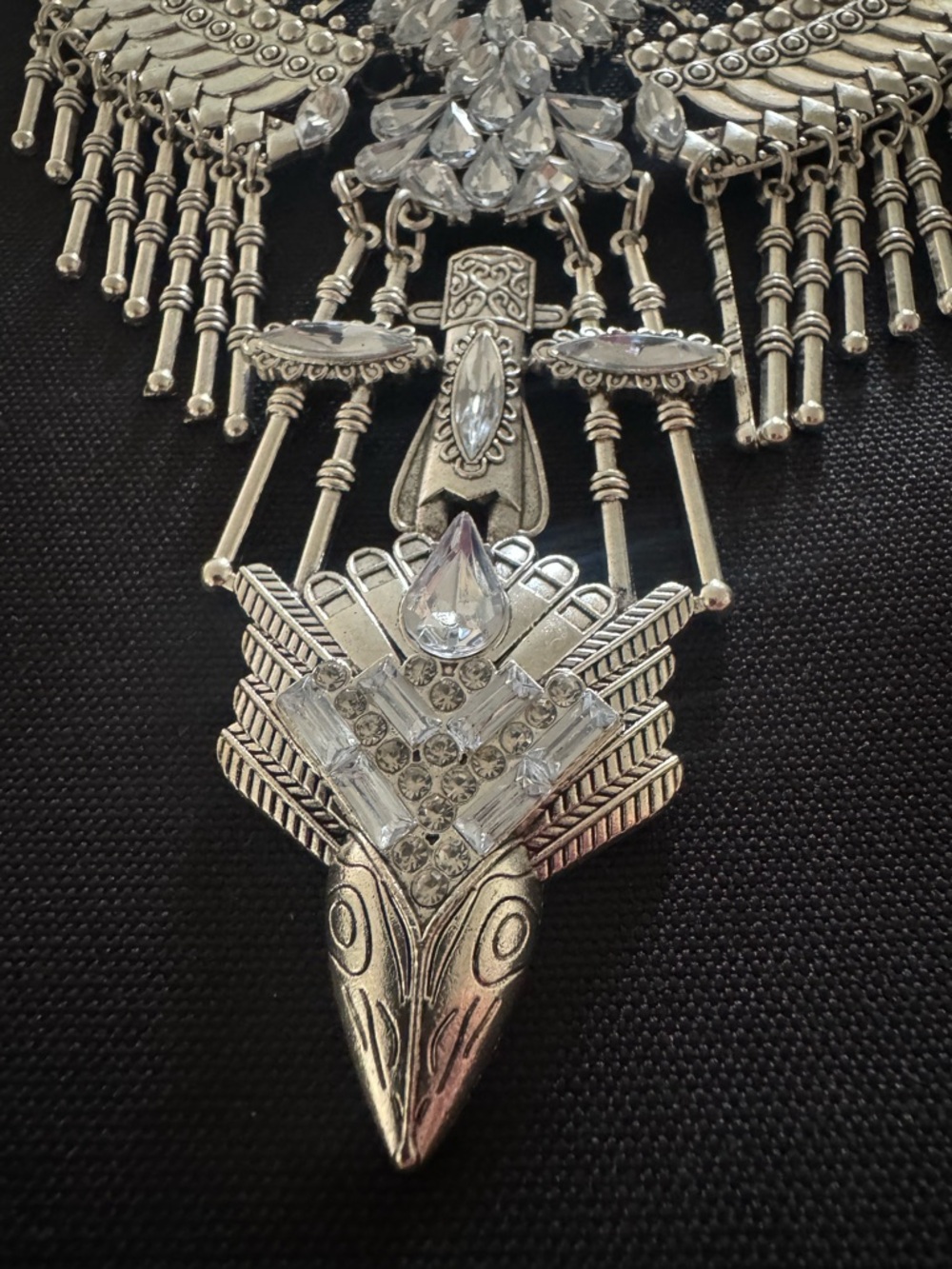 Silver Crystal Fringe Statement Necklace - Women Jewelry - Picture 5 of 13